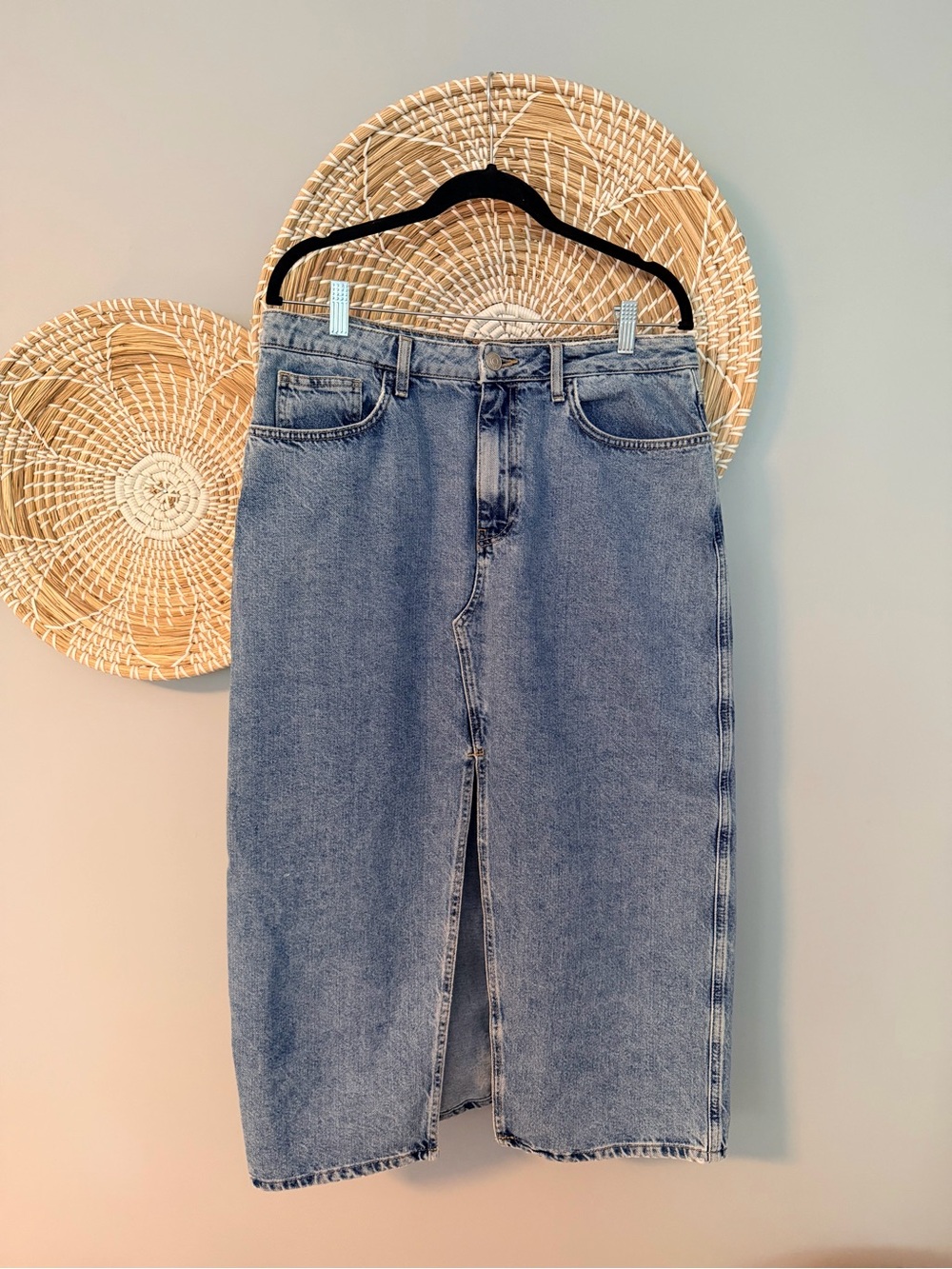 Mango Light Blue Denim Midi Skirt with Front Slit XL